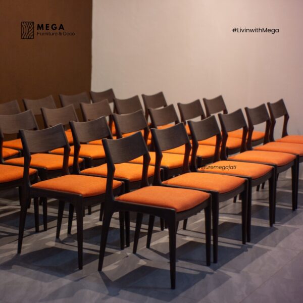 Luno Dining Chair – modern teak dining chair with orange upholstered seat from Indonesia