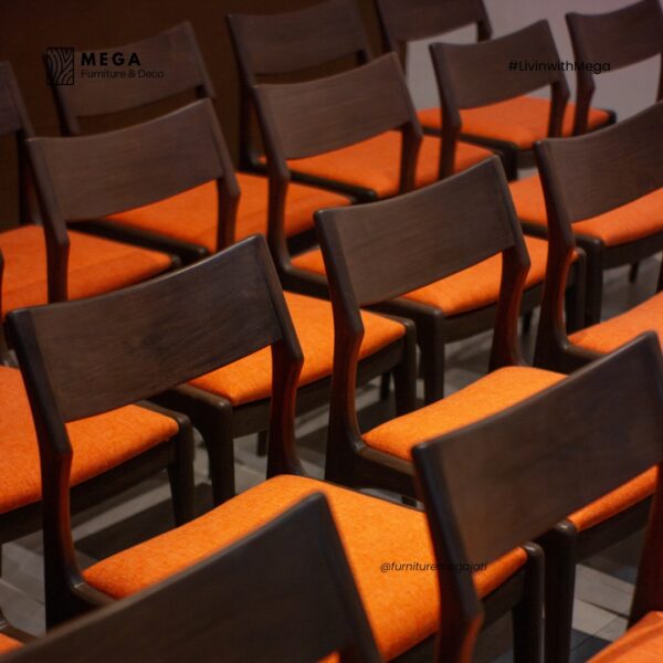 Luno Dining Chair – modern teak dining chair with orange upholstered seat from Indonesia