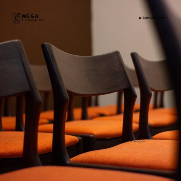 Luno Dining Chair – modern teak dining chair with orange upholstered seat from Indonesia