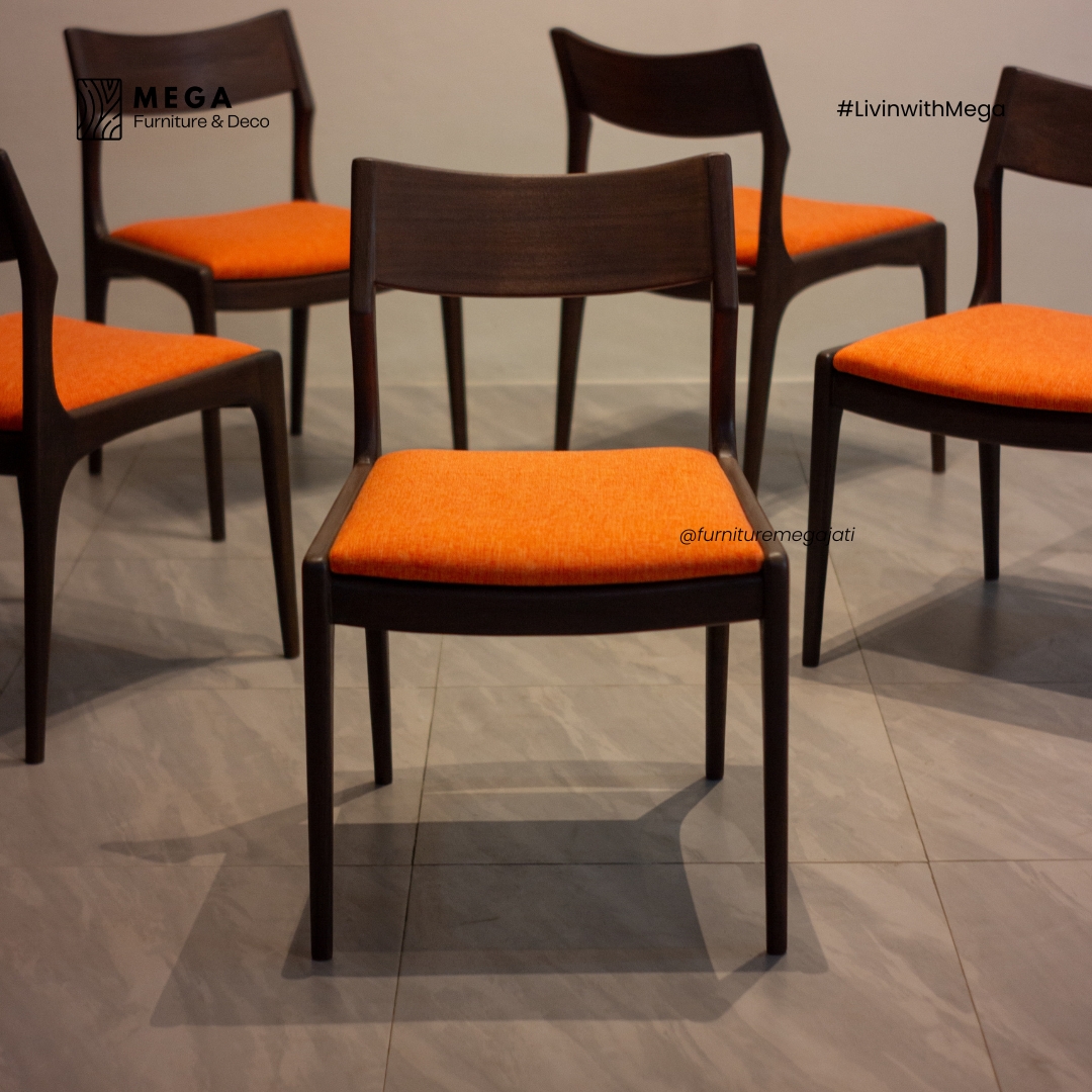 Luno Dining Chair – modern teak dining chair with orange upholstered seat from Indonesia